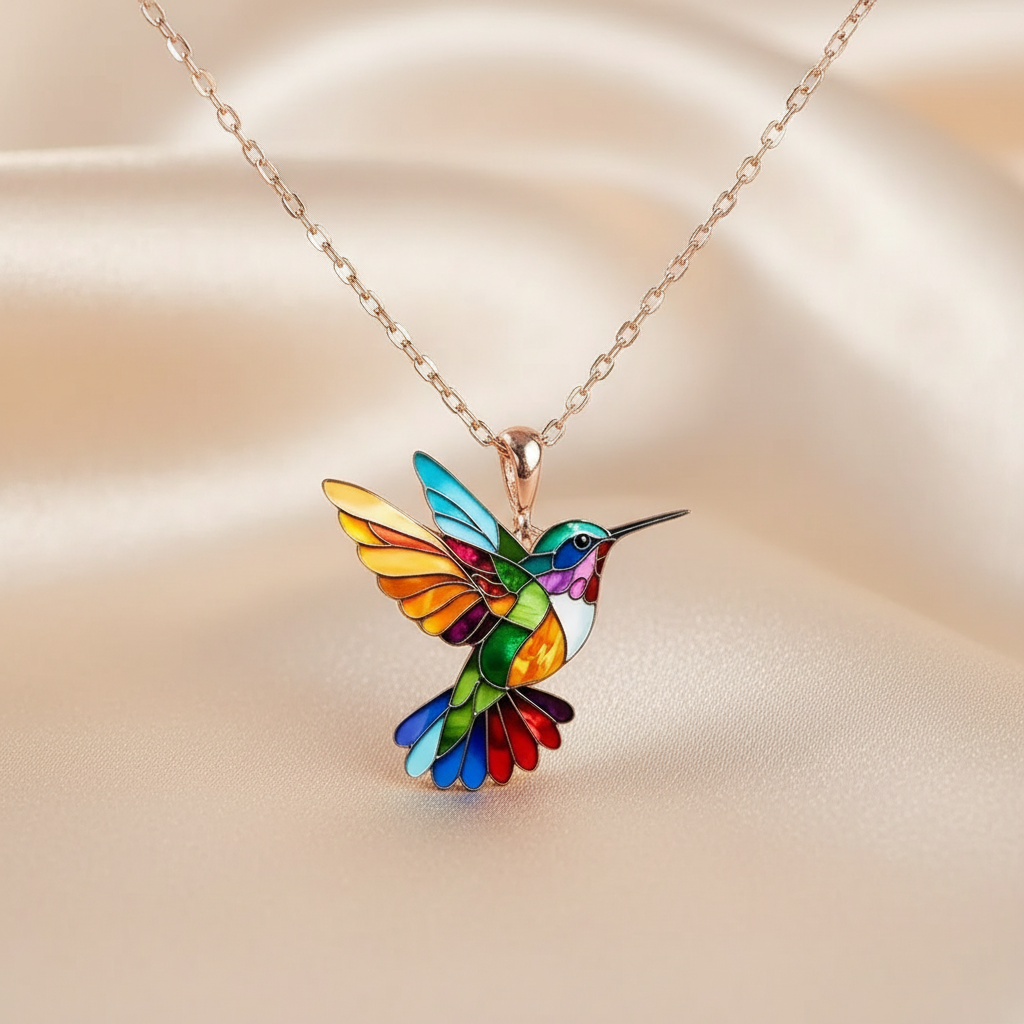 Regnbue-kolibri-halskæde - "Joy Takes Flight" statement-vedhæng